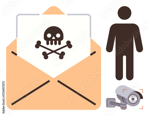 Open envelope with malware skull icon, person silhouette, and security camera. Ideal for cybersecurity, privacy, surveillance, hacking, email fraud online safety and data protection. Simple flat