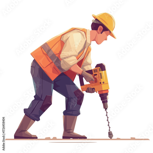 A construction worker in safety gear operates a drill, focusing on making holes in the ground at a busy construction site during daylight.