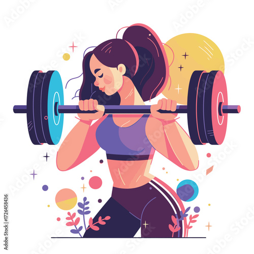 A dedicated woman is lifting a barbell in a vibrant gym environment.