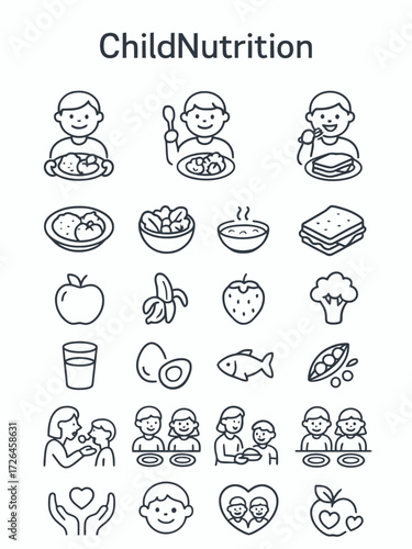 Comprehensive Collection of Outline Icons Illustrating Child Nutrition, Healthy Eating Habits, Family Meals, and Developmental Care for Educational and Health-Related Content