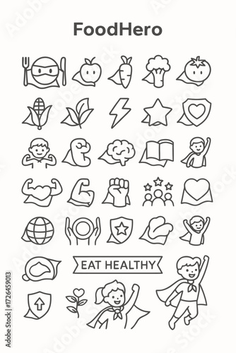 Healthy eating and superhero power icon collection. Vector symbols representing nutrition, fitness, strength, and children's well-being