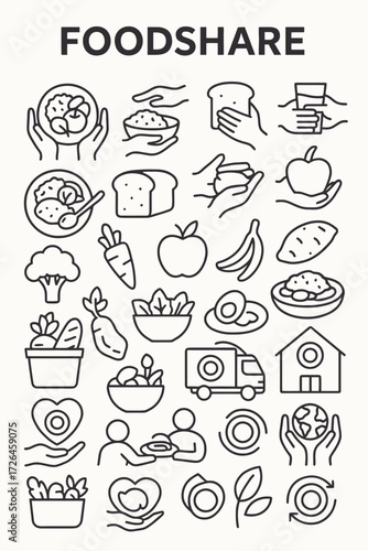 Charity and food donation line icon collection. Symbols for community sharing, hunger assistance, volunteering, healthy eating, and support