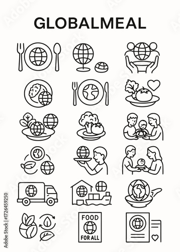 World food security and hunger relief icon set. Illustrations for charity, community support, and global nutrition concepts