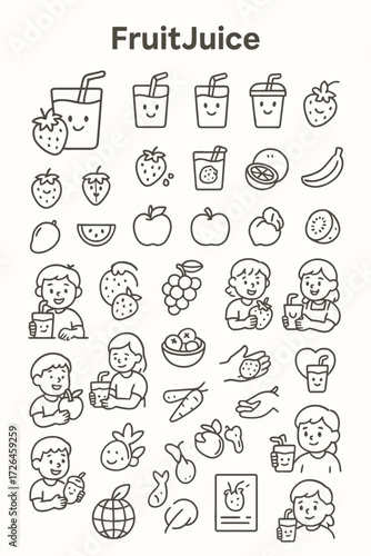 A delightful collection of hand-drawn line art icons featuring fresh fruits, healthy drinks, and cute characters enjoying nutritious juice
