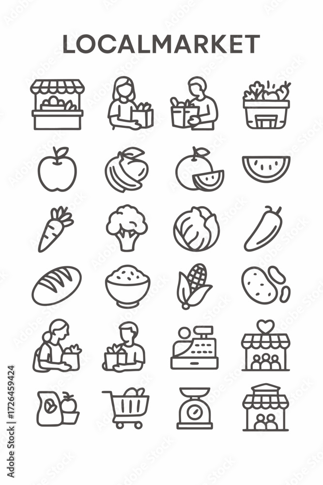 Fototapeta premium A comprehensive set of thin line icons representing a local market and grocery shopping, featuring fresh produce, food items, and retail elements