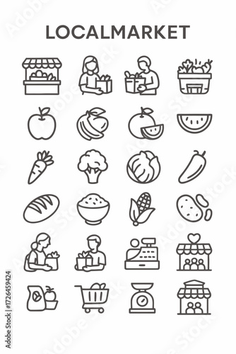 A comprehensive set of thin line icons representing a local market and grocery shopping, featuring fresh produce, food items, and retail elements