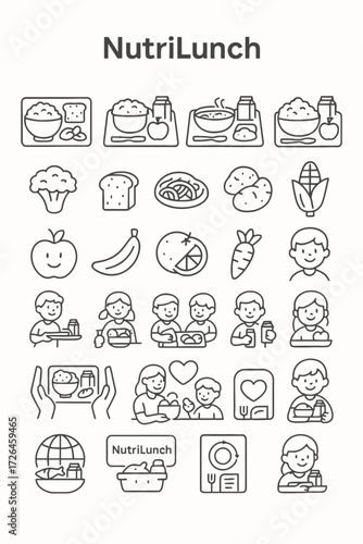 School lunch and childhood nutrition vector icon set with healthy food and happy kids