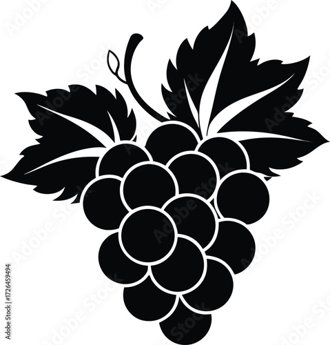 Stylized black silhouette of a grape cluster with leaves and vine