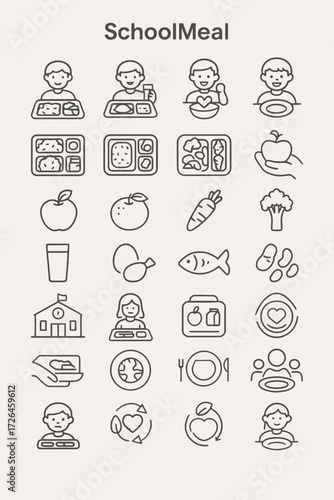School meal icons, illustrating healthy food options, educational settings, and student well-being, perfect for nutrition and school-related content