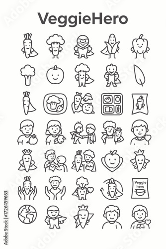 Collection of charming and playful cartoon-style illustrations featuring a variety of vegetables depicted as superheroes and characters, perfect for healthy eating and dietary themes