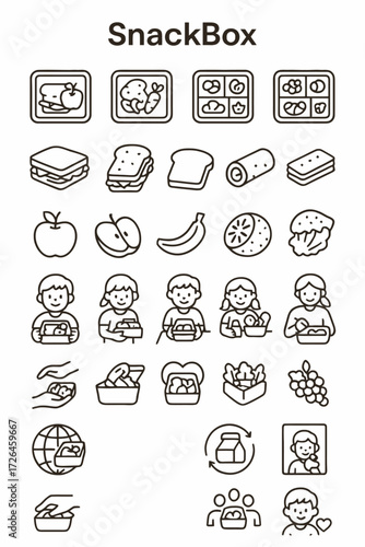 Collection of icons representing food items and children enjoying healthy snacks, perfect for educational materials and healthy eating campaigns