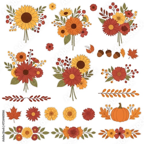 Autumn Floral Bouquet Collection Design Elements.