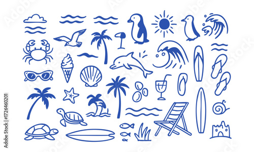 Beach Line Icon Set Minimal Vector illustration Outline Collection, with summer doodles like waves, palm trees, shells, crabs, sunglasses, and surfboards, t-shirt prints, easily editable.