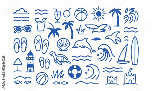 Beach Line Icon Set Minimal Vector illustration Outline Collection, with summer doodles like waves, palm trees, shells, crabs, sunglasses, and surfboards, t-shirt prints, easily editable.