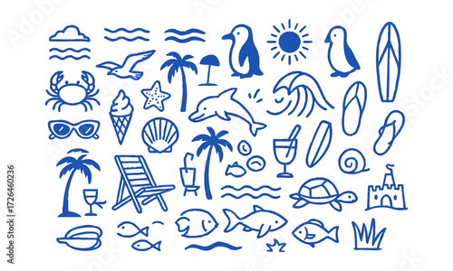 Beach Line Icon Set Minimal Vector illustration Outline Collection, with summer doodles like waves, palm trees, shells, crabs, sunglasses, and surfboards, t-shirt prints, easily editable.