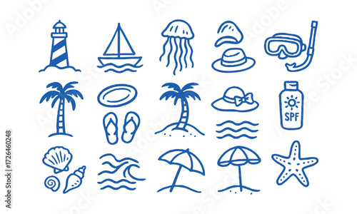 Beach Line Icon Set Minimal Vector illustration Outline Collection, with summer doodles like waves, palm trees, shells, crabs, sunglasses, and surfboards, t-shirt prints, easily editable.