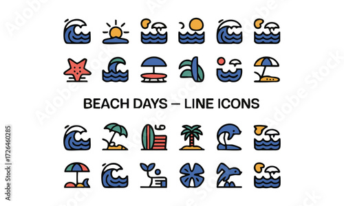 Beach Line Icon Set Minimal Vector illustration Outline Collection, with summer doodles like waves, palm trees, shells, crabs, sunglasses, and surfboards, t-shirt prints, easily editable.