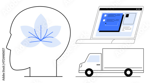 Human head with abstract flower, laptop with digital content, and delivery truck. Ideal for innovation, education, mindfulness, transportation, technology productivity logistics. Simple flat