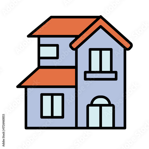 Vector illustration of a flat style two-story house with an orange roof. Perfect for real estate, city maps, property infographics, games, and housing-related designs