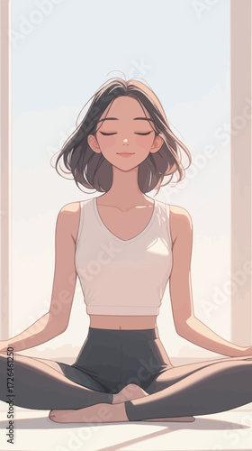 A young woman sits in a cross-legged position, eyes closed, practicing yoga in a bright room. Soft light filters in, creating a peaceful atmosphere.
