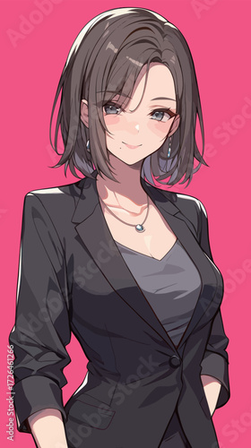 A young woman stands confidently in a smart business suit, smiling softly. Her hair is styled elegantly, adding to her professional appearance.