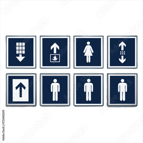 Collection of eight blue and white directional and informational signs