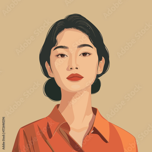 A young woman with dark hair and striking red lips poses confidently. She wears an orange shirt and looks directly at the viewer, radiating elegance.