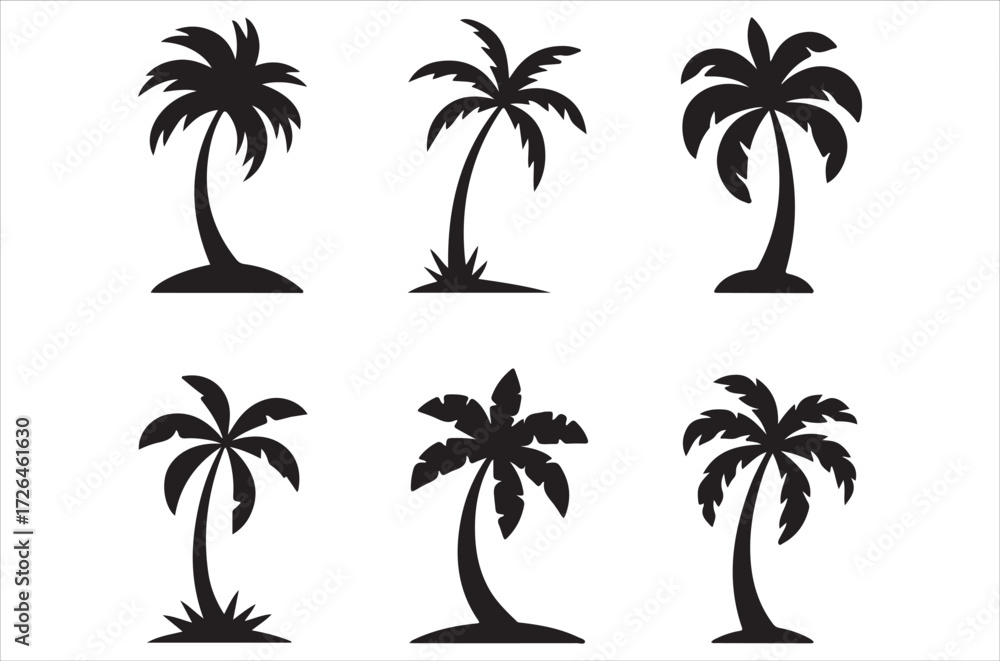 Fototapeta premium coconat tree silhouette vector set, tropical tree icon design, beach palm clipart, summer tree illustration, coconut tree collection, black palm drawing bundle on white background.