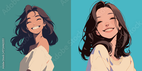 Two cheerful young women with long hair smile brightly against colorful backgrounds, highlighting their happiness and carefree spirit. Their expressions radiate joy and warmth.