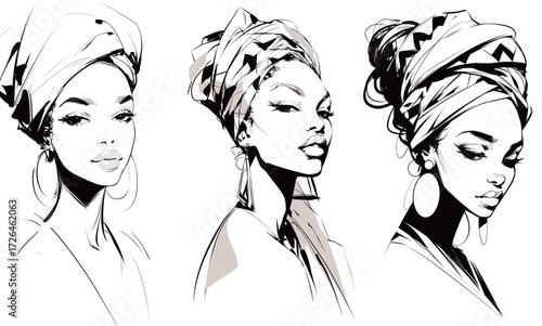 Three chic women with distinct headwraps display striking facial features and elegant poses. Their diverse hairstyles complement their confident looks and cultural styles.