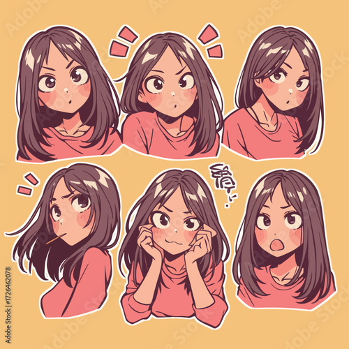 A young girl with long brown hair showcases a range of emotions through six animated expressions. She exhibits surprise, curiosity, joy, and playfulness in a cheerful setting.