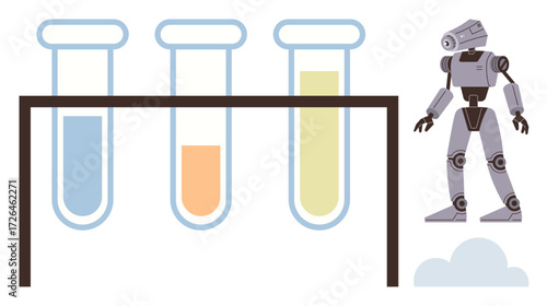Robot beside test tubes filled with liquid. Ideal for innovation, research, artificial intelligence, robotics, science, technology, and futuristic concepts. Clean and simple flat metaphor
