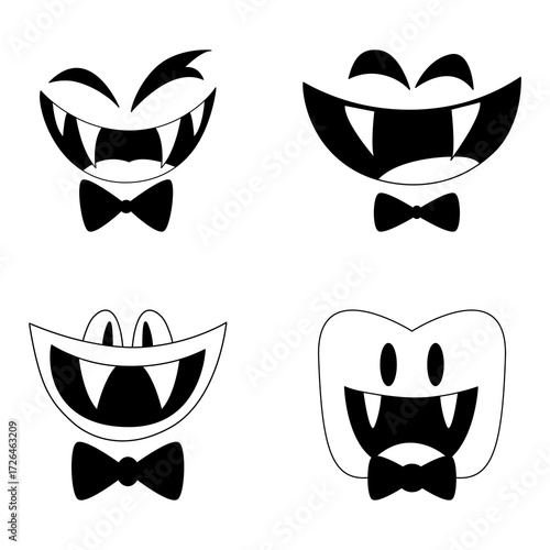 A set of four different cartoon images of vampire faces wearing a bow tie, showcasing unique expressions and teeth 