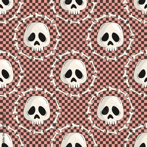 Skulls in bone frames on checkered background. Halloween seamless pattern for textile, event decoration, wallpaper, wrapping paper, scrapbooking, packaging design.