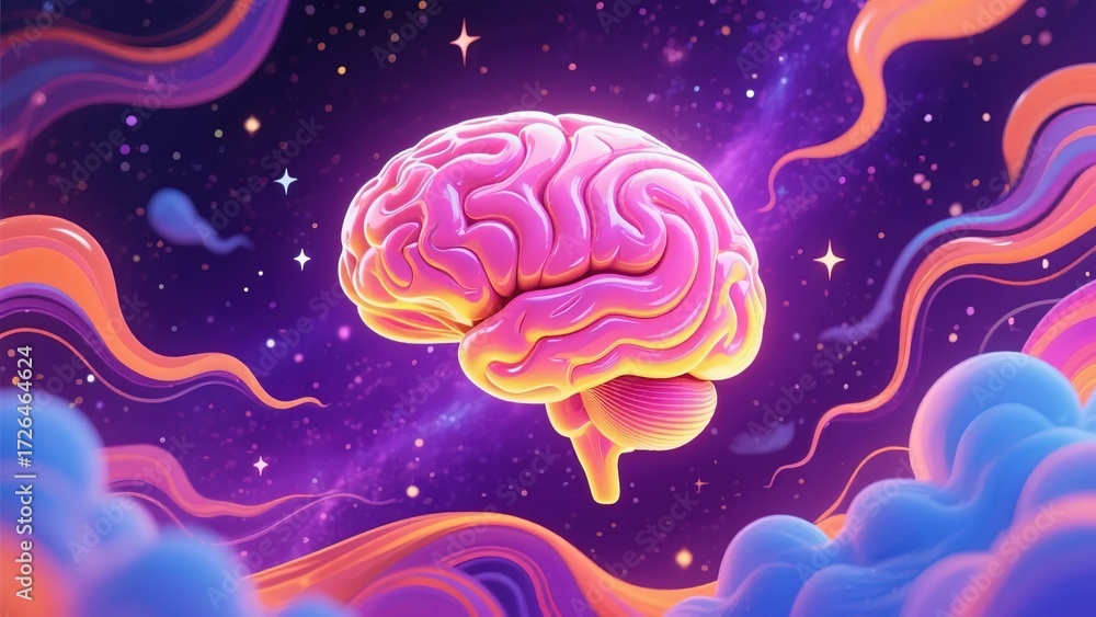 Fototapeta premium A vibrant, stylized human brain floating in a cosmic, dreamlike space with swirling colors and stars
