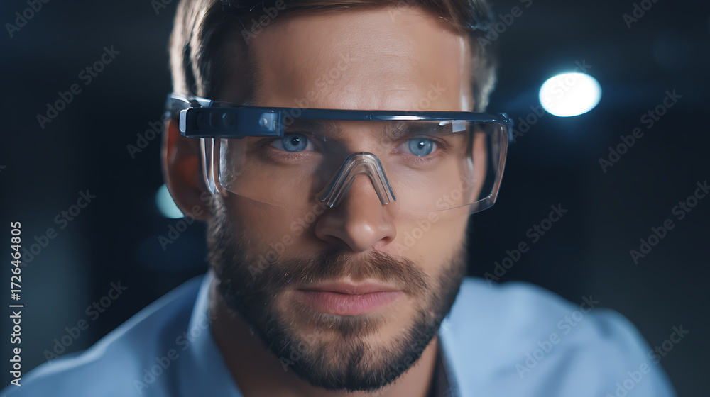 Fototapeta premium Man wearing protective safety glasses in a dimly lit environment, focused expression