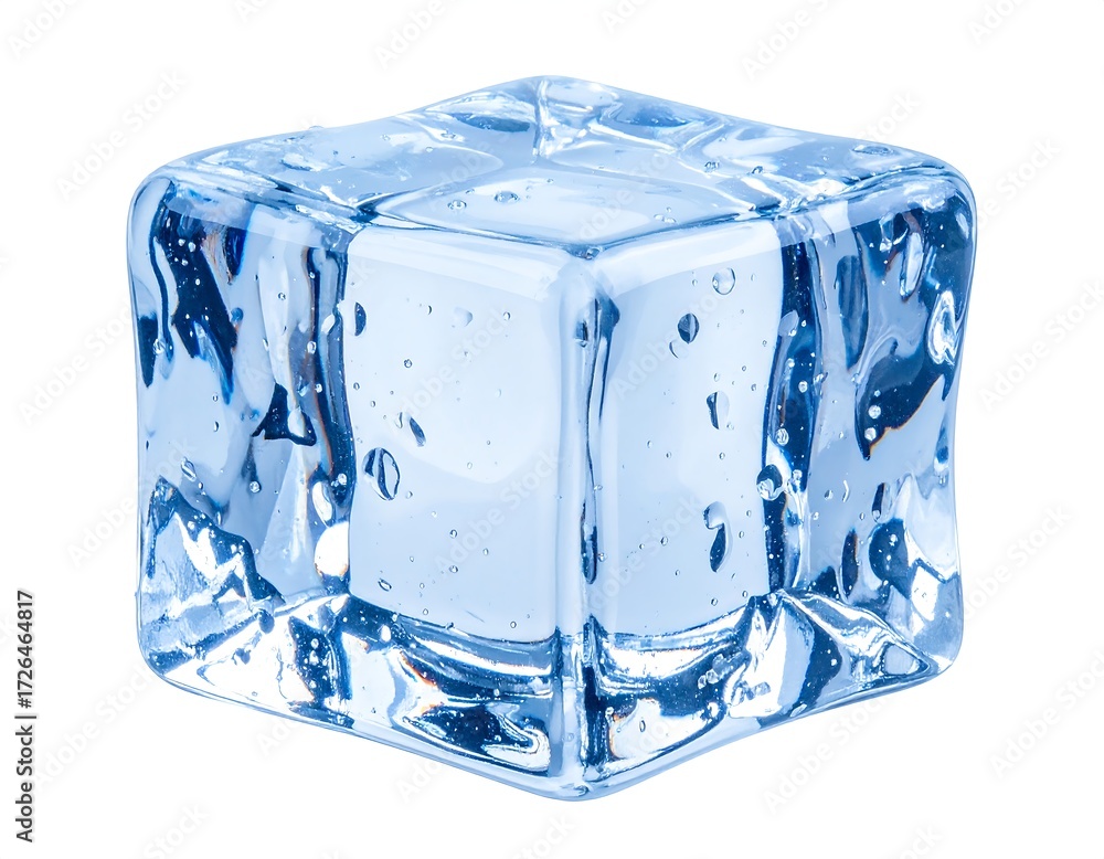 Obraz premium A single, translucent ice cube with visible water droplets