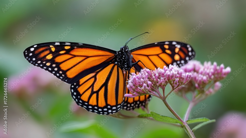 Naklejka premium monarch butterfly close up, vibrant orange and black wings, perched on flower, realistic macro photography, detailed textures