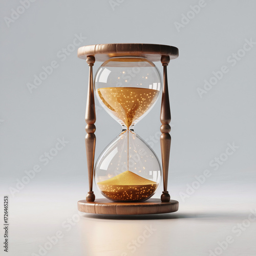 Antique wooden hourglass with sand passing on a black background, an isolated timer of old time