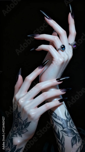 Elegant Gothic Manicure – Pale Tattooed Hands with Long Stiletto Nails and Rings on Black