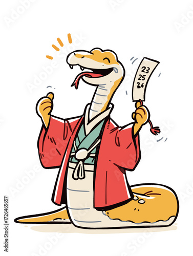 A joyful cartoon snake dressed in bright traditional attire holds a victory scroll while smiling widely. The scene conveys a sense of happiness and success.