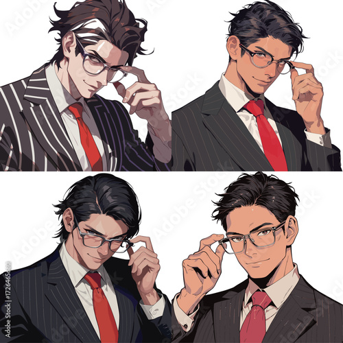 Four artistic portrayals of confident men wearing formal suits and glasses, each displaying unique expressions and poses, suggesting professionalism and charm.