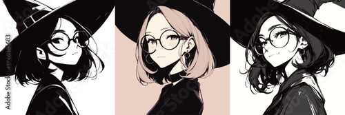 Three unique witches wear large hats and glasses, showcasing different hairstyles and expressions in a whimsical style. Each witch has her own charm and personality.