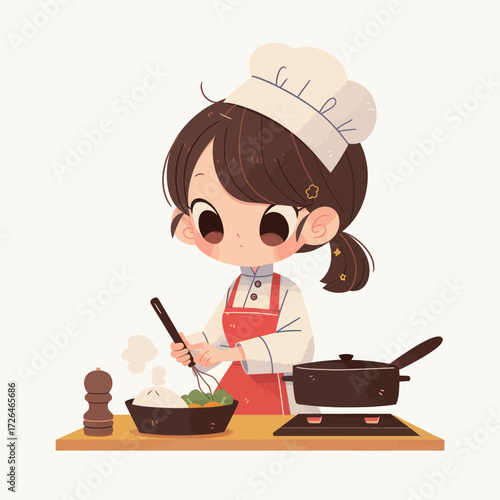 A young chef in a white hat cooks in a cheerful kitchen. She focuses on chopping vegetables beside a pot on the stove, creating a warm and inviting atmosphere.
