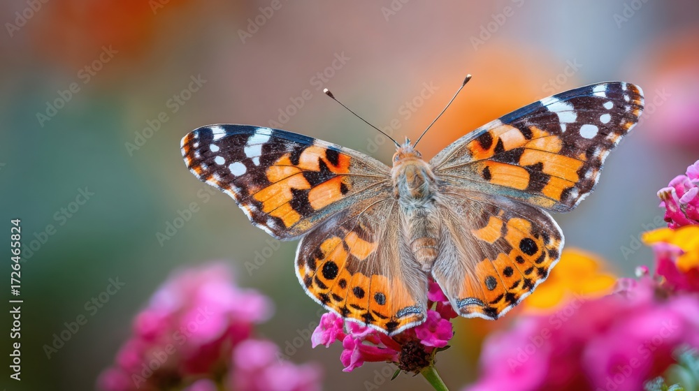 Obraz premium painted lady butterfly close up, orange and white wings, resting on colorful flower, detailed macro photography