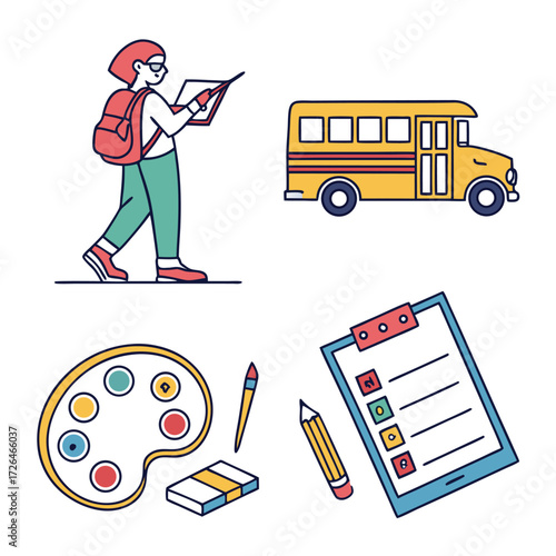 Back to school supplies set. Cute cartoon education icons collection. Vector illustration of apple, globe, book, pencil, paint for kids. Elementary learning elements.