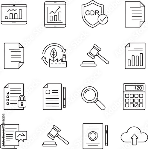 Legal fees and billing outline icons set – hourly rate clock, lawyer retainer agreement contract, attorney billing invoice receipt, hand receiving cash payment, line art vector 12.eps