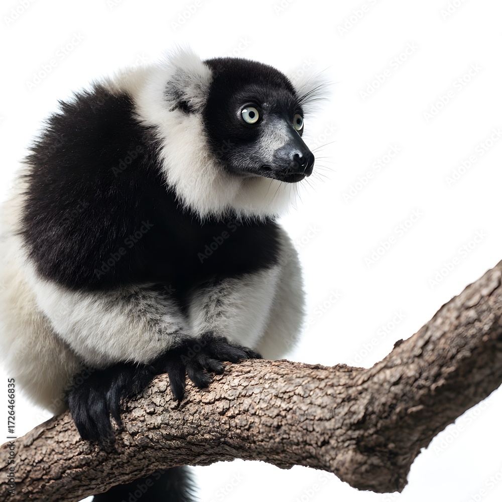 Obraz premium Black and white ruffed lemur perched on a tree branch