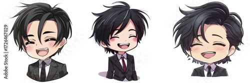 Three cute character sketches show a charming figure with stylish black hair, dressed in formal suits, smiling brightly with joyful expressions, capturing playful energy.