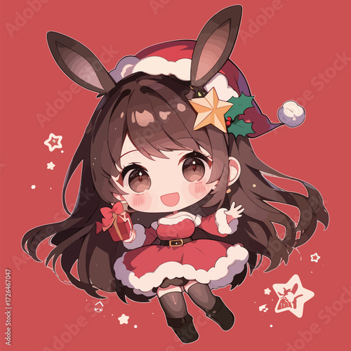 A cheerful girl wearing a festive red Christmas dress, reindeer ears, and holding a gift stands against a bright red background, embodying the holiday spirit.